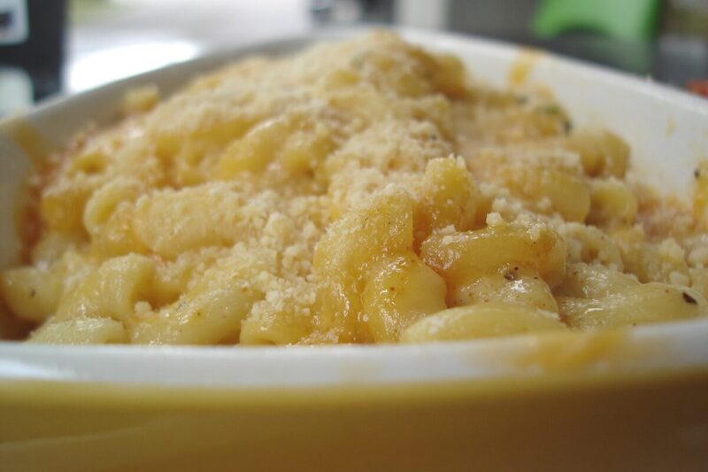Baked mac and cheese with a golden bubbling crust